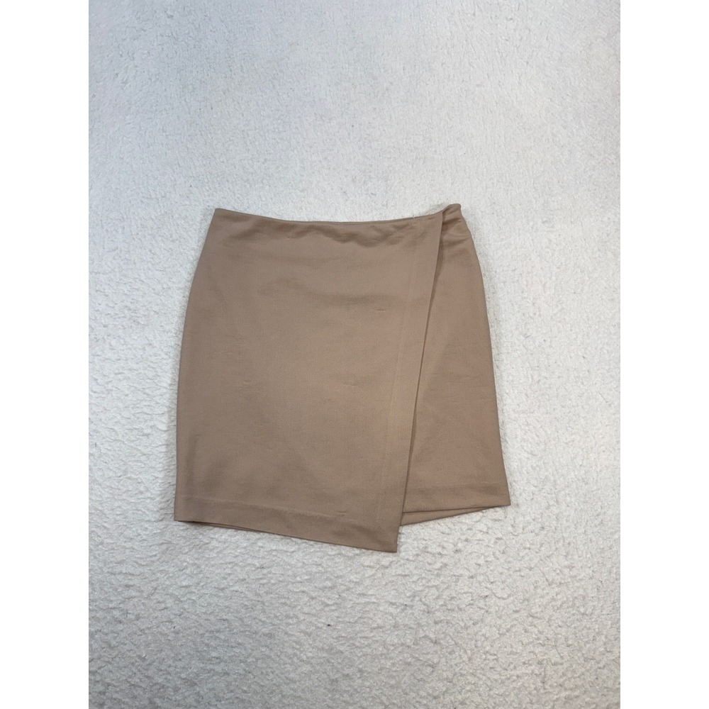 Abeline Tan Beige Mock Wrap Mini Skirt Size XS Made in USA Asymmetrical Hem